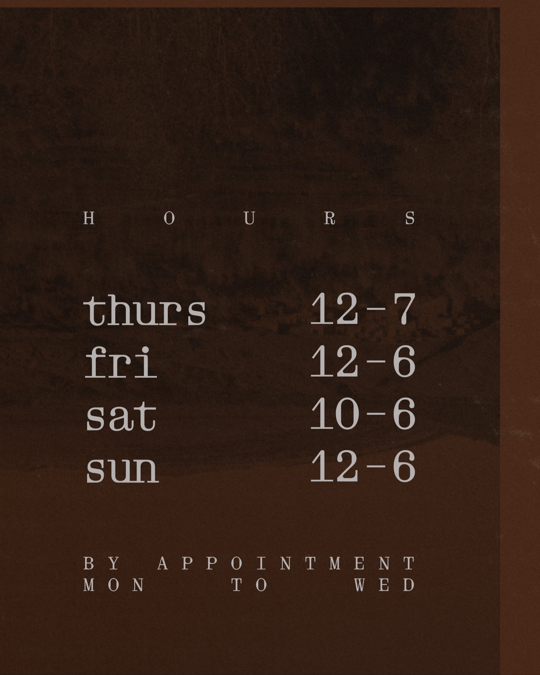 Umbriarts hours of operation displayed on a brown background